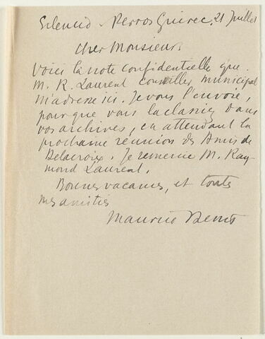 Lettre autographe signée Maurice Denis à Jean Sergent, 21 juillet 1931