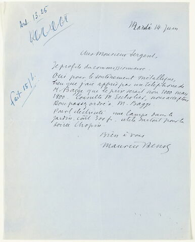 Lettre autographe signée Maurice Denis à Jean Sergent, mardi 14 juin, image 1/1