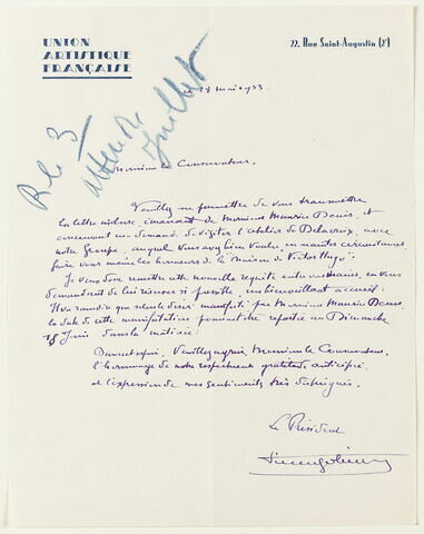 Réponse du Président de l'Union artistique française à Maurice Denis, 28 mai 1933, image 1/1