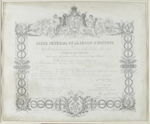 Diplôme de commandeur de la Légion d'honneur décerné à Eugène Delacroix pour l'Exposition Universelle de 1855, image 1/1