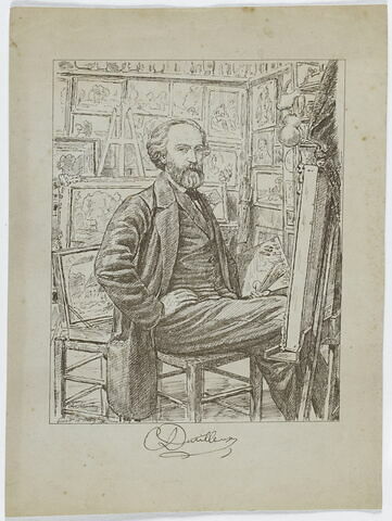 Constant Dutilleux dans son atelier une palette et des pinceaux à la main, d'après un tableau de Charles Desavary