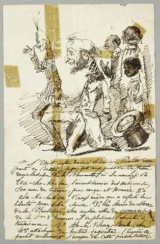 Caricature montrant plusieurs personnages dont trois noirs, un indigène et un homme en habit et chapeau haut de forme