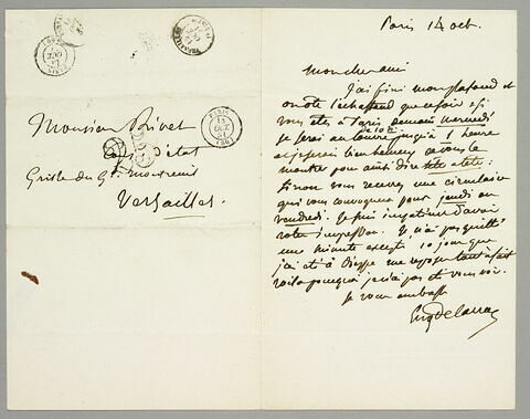 Lettre autographe signée Delacroix à Charles Rivet, Paris, 14 octobre, image 1/1