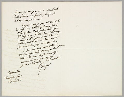Lettre autographe signée Pierre Antoine Berryer à Eugène Legrand, Augerville, 14 août, image 1/2