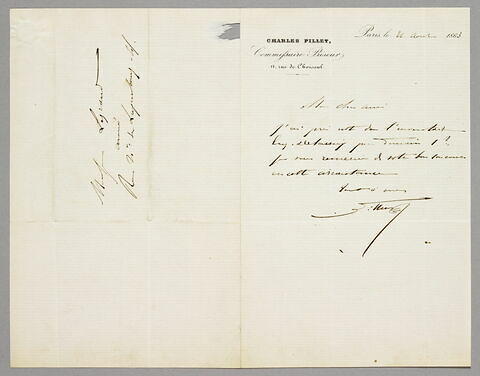Lettre autographe signée Charles Pillet à Eugène Legrand, Paris, 21 août 1863, image 1/1