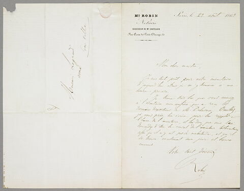 Lettre autographe signée Me Robin à Eugène Legrand, Paris, 22 août 1863, image 1/1