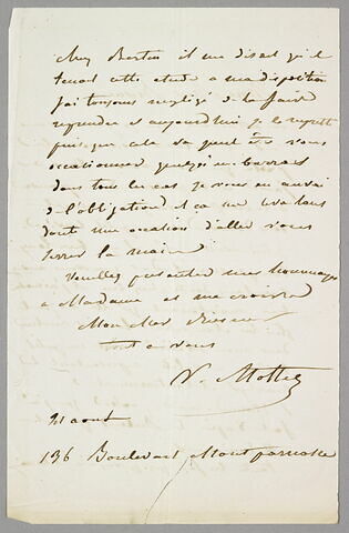 Lettre autographe signée Victor Mottez à Léon Riesener, 21 août, image 1/2