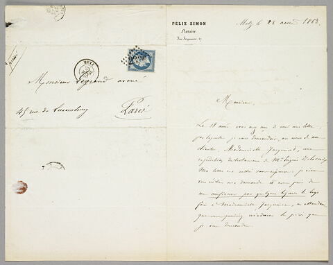 Lettre autographe signée Félix Simon à Eugène Legrand, 28 août 1863, image 2/2