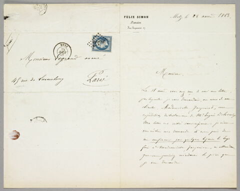Lettre autographe signée Félix Simon à Eugène Legrand, 28 août 1863, image 2/2