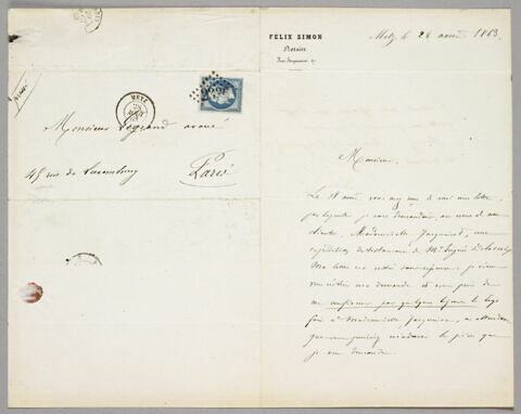 Lettre autographe signée Félix Simon à Eugène Legrand, 28 août 1863, image 2/2