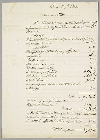 Note rédigée par Eugène Legrand faisant le détail de ce qu'il a dépensé pour le compte de la succession de Delacroix, image 1/2
