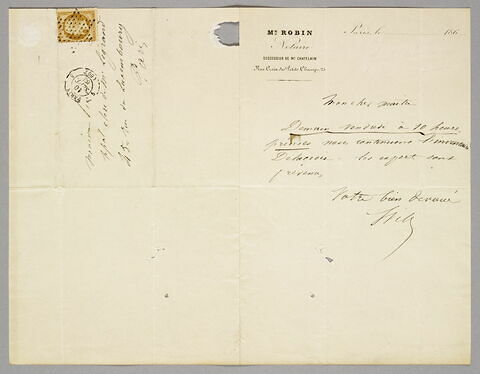 Lettre autographe signée clerc de Me Robin à Eugène Legrand, Paris [10 septembre 1863]