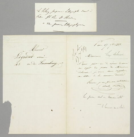 Lettre autographe signée Charles Villain à Eugène Legrand, Paris, 17 septembre 1863, image 1/1