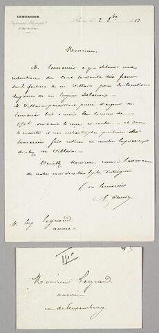 Lettre autographe signée Joseph Lemercier à Eugène Legrand, Paris, 2 octobre 1863, image 1/1
