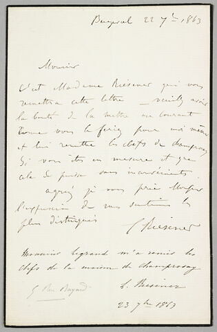 Lettre autographe signée Léon Riesener à Eugène Legrand, Beuzeval, 22 septembre 1863