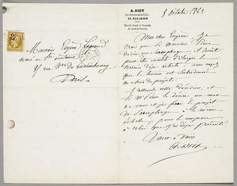 Lettre autographe signée A. Diet à Eugène Legrand, 8 octobre 1863