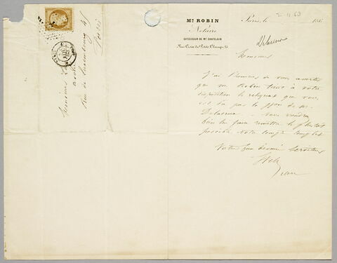 Lettre autographe signée Me Robin à Eugène Legrand, Paris, 2 novembre 1863, image 1/1