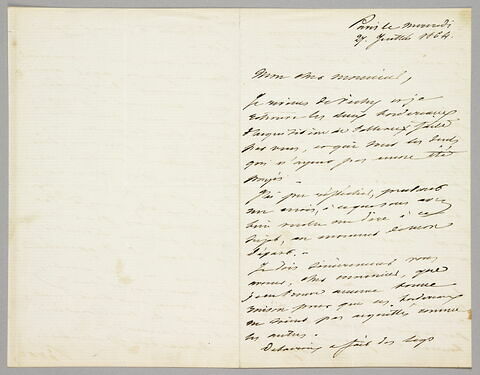 Lettre autographe signée Achille Piron à Eugène Legrand, Paris, 27 juillet 1864, image 1/2