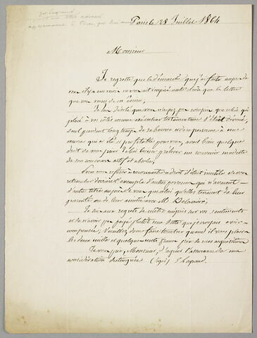 Copie d'une lettre autographe signée Eugène Legrand à Achille Piron, Paris, 28 juillet 1864