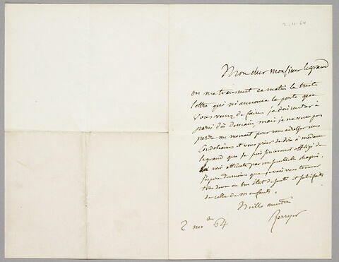 Lettre autographe signée Pierre-Antoine Berryer à Eugène Legrand, 2 novembre 1864
