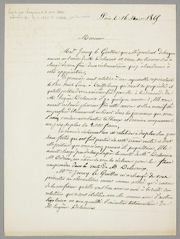 Copie d'une lettre autographe signée Eugène Legrand à Frédéric Villot, Paris, 16 mars 1865
