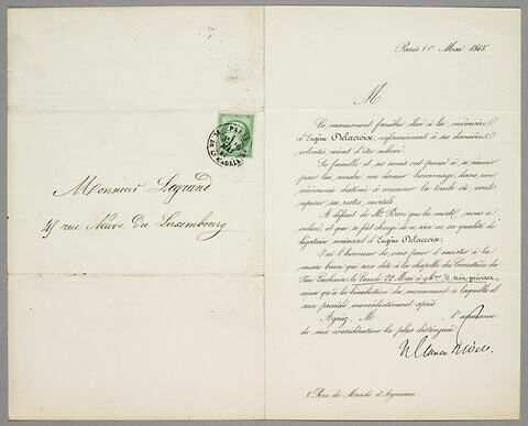Invitation adressée à Eugène Legrand, 10 mai 1865, pour la consécration de la tombe d'Eugène Delacroix, image 1/1