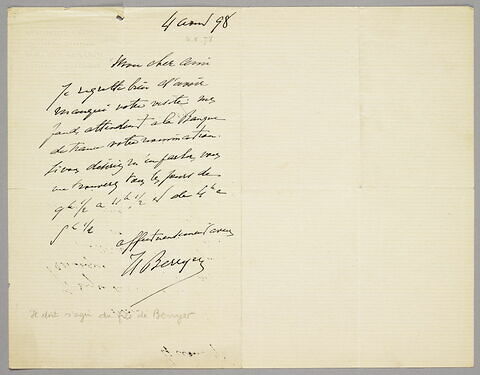 Lettre autographe signée Hippolyte Berryer à Eugène Legrand, 4 août 1878
