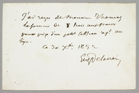 Bulletin autographe signée Eugène Delacroix, 30 décembre 1852