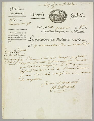 Lettre signée Charles Delacroix, ministre des Relations extérieures, 22 prairial an V (10 juin 1797)