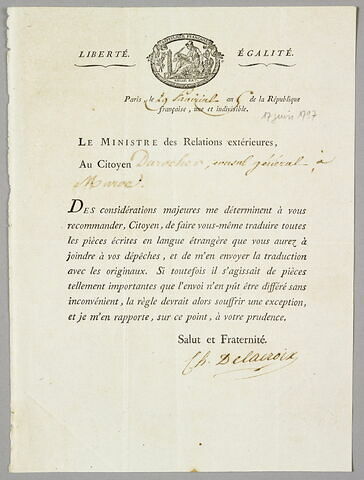 Imprimé signé Charles Delacroix, ministre des Relations extérieures, 29 prairial an V (17 juin 1797)