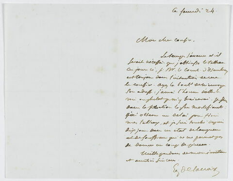 Lettre autographe signée Eugène Delacroix destinée à Pierre-Antoine Berryer, Ce samedi 24 [mars 1855], image 1/1