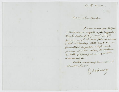Lettre autographe signée Eugène Delacroix destinée à Pierre-Antoine Berryer, Ce 8 mars [1855], image 1/1