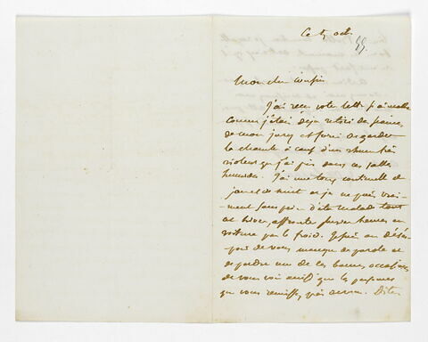 Lettre autographe signée Eugène Delacroix destinée à Pierre-Antoine Berryer, Ce 5 oct. [1855], image 1/2