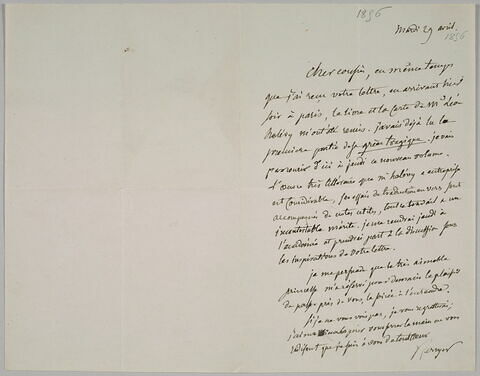 Lettre autographe signée Pierre-Antoine Berryer destinée à Eugène Delacroix, mardi 29 avril 1856, image 1/1