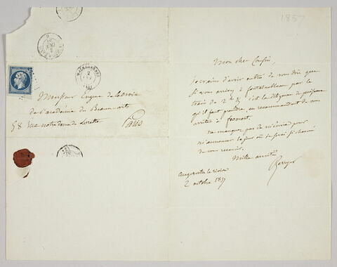 Lettre autographe signée Pierre-Antoine Berryer destinée à Eugène Delacroix, 2 octobre 1857