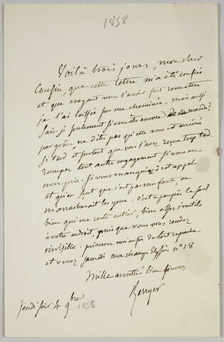 Lettre autographe signée Pierre-Antoine Berryer destinée à Eugène Delacroix, 4 novembre 1858, image 1/2