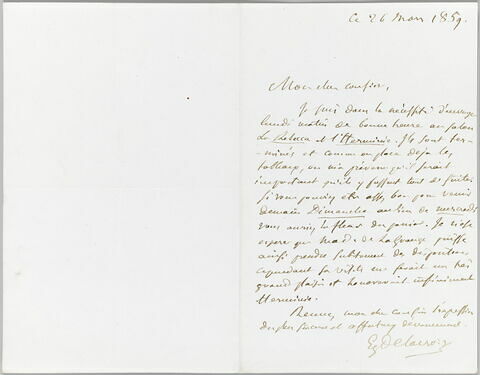 Lettre autographe signée Eugène Delacroix destinée à Pierre-Antoine Berryer, Ce 26 mars 1859, image 1/1