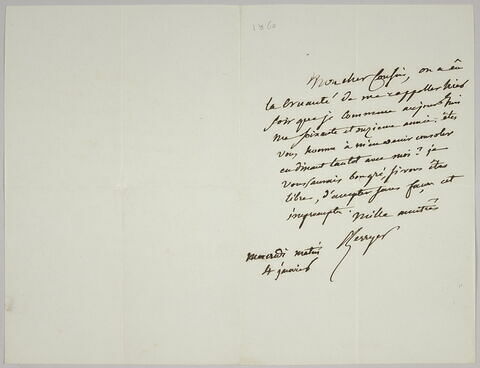 Lettre autographe signée Pierre-Antoine Berryer destinée à Eugène Delacroix, 4 janvier [1860], image 1/1