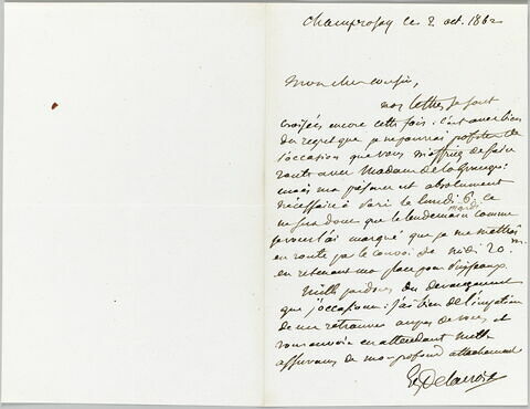 Lettre autographe signée Eugène Delacroix destinée à Pierre-Antoine Berryer, 2 octobre 1862, image 1/1