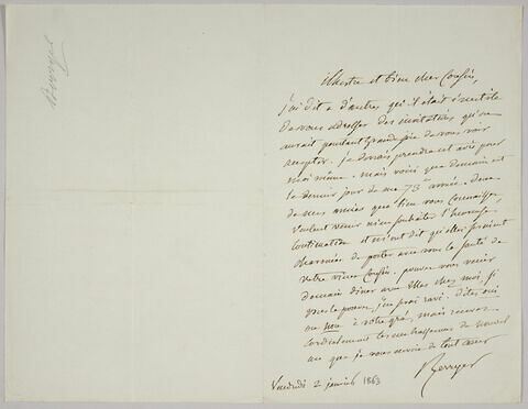 Lettre autographe signée Eugène Delacroix destinée à Pierre-Antoine Berryer, 2 janvier [1863], image 1/1