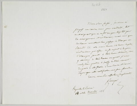 Lettre autographe signée Pierre-Antoine Berryer destinée à Eugène Delacroix, Angerville la rivière 14 octobre mercredi [1854]