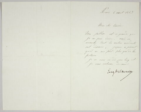 Lettre signée Eugène Delacroix à Pierre-Antoine Berryer, 6 août 1863, image 1/1