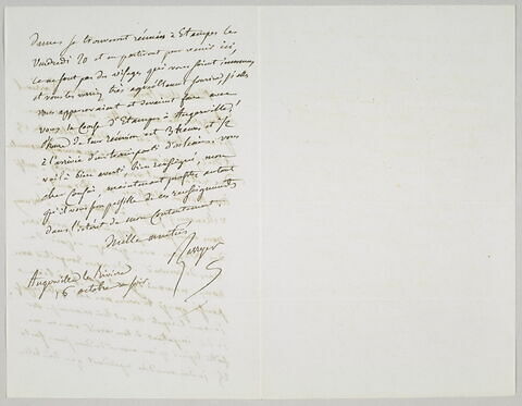 Lettre autographe signée Pierre-Antoine Berryer destinée à Eugène Delacroix, Angerville la Rivière, 16 octobre au soir