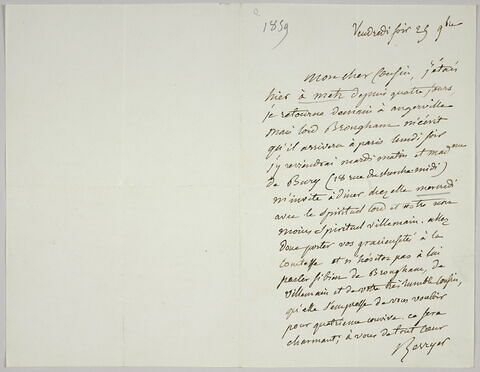 Lettre autographe signée Pierre-Antoine Berryer destinée à Eugène Delacroix, 25 novembre 1859, image 1/1