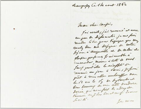 Lettre autographe signée Eugène Delacroix destinée à Pierre-Antoine Berryer, 14 août 1862, image 1/2
