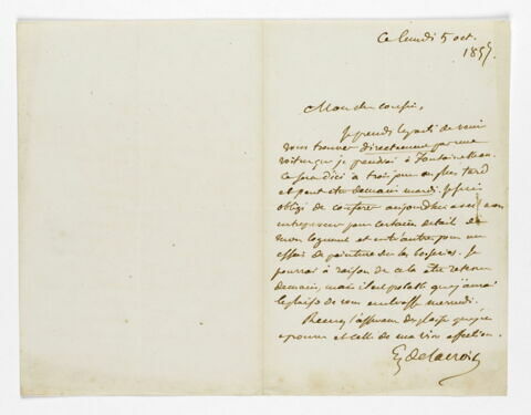 Lettre autographe signée Eugène Delacroix à Pierre-Antoine Berryer, 5 octobre 1857, image 2/2