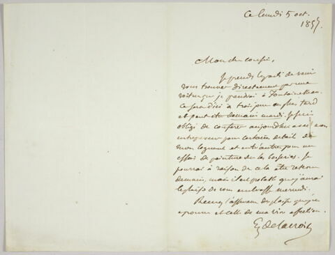 Lettre autographe signée Eugène Delacroix à Pierre-Antoine Berryer, 5 octobre 1857