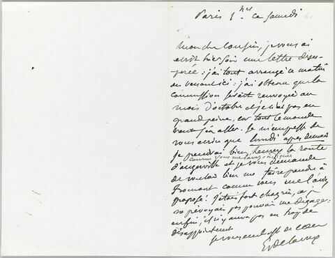 Lettre autographe signée Eugène Delacroix destinée à Pierre-Antoine Berryer, 1h, ce samedi [début septembre 1861], image 1/1
