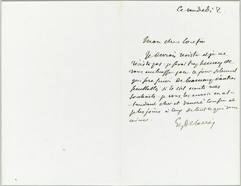 Lettre autographe signée Eugène Delacroix destinée à Pierre-Antoine Berryer, ce vendredi 2 [1863], image 1/1