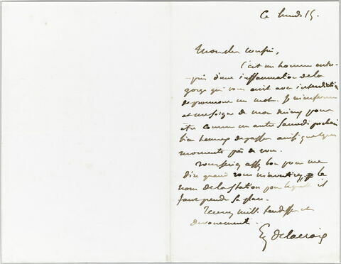 Lettre autographe signée Eugène Delacroix à Pierre-Antoine Berryer, lundi 15 [mai 1854], image 1/1